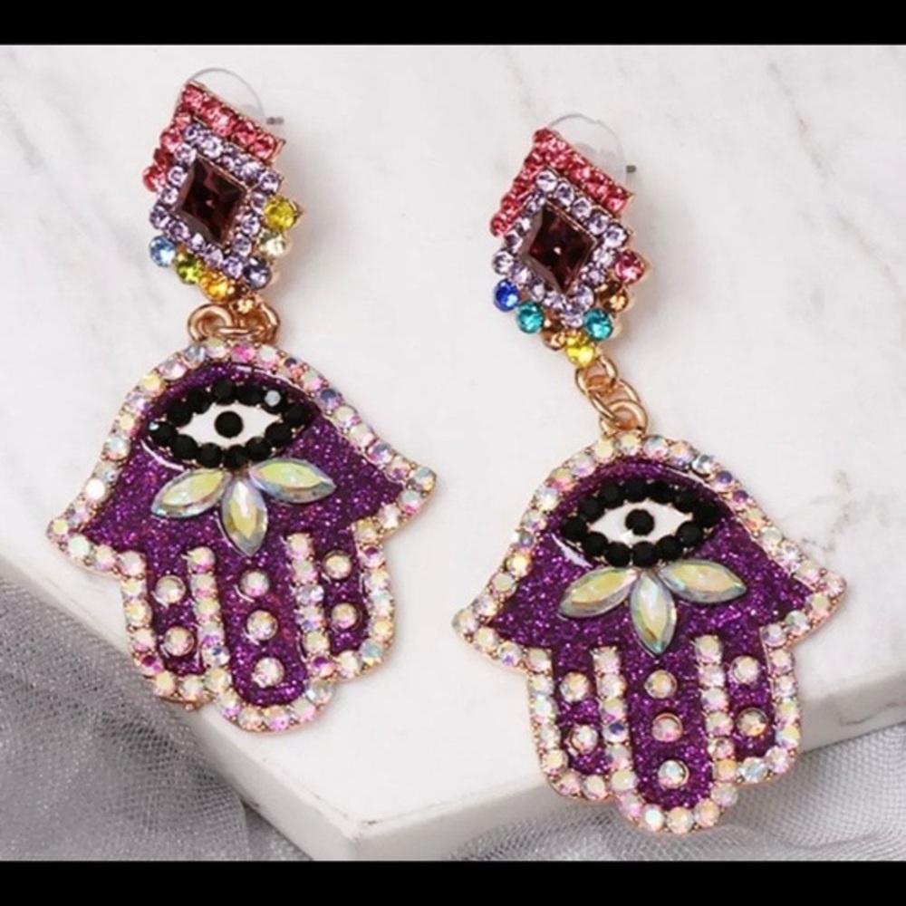 Purple and Gold Hamsa Earrings